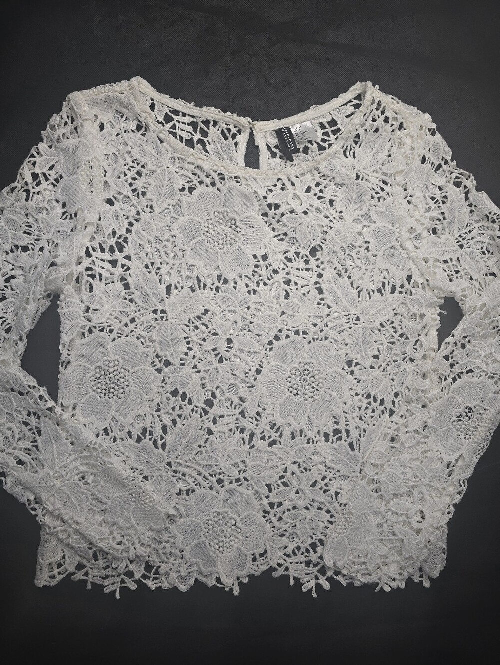 H&M Divided Sheer Lace Top White Floral Crochet Long Sleeve Boho Festival 8